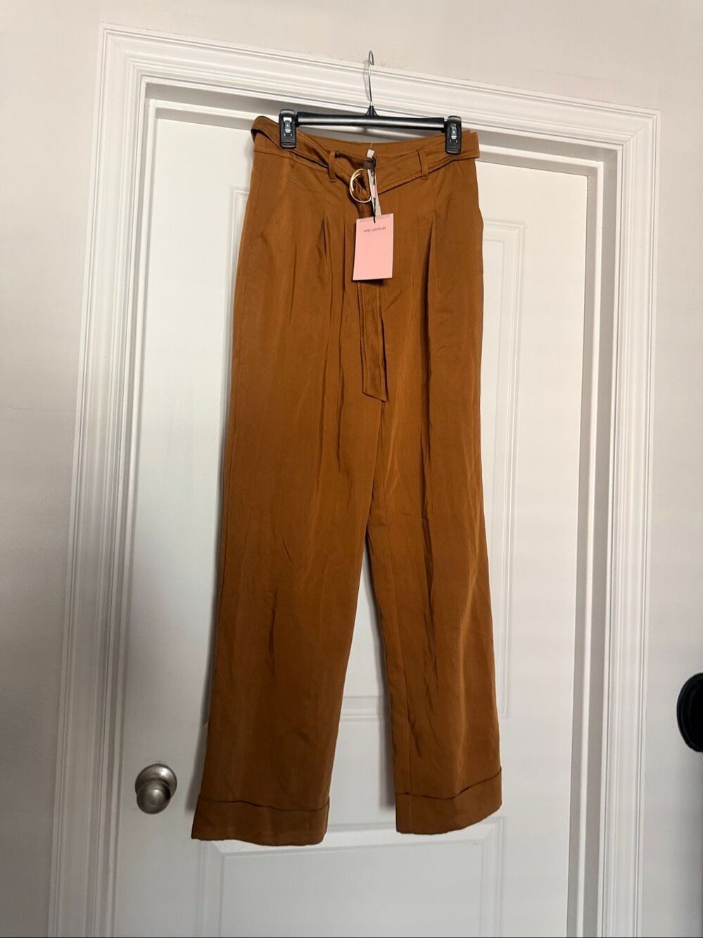 Avec Les Filles Cedar Brown Wide Leg Paperbag Belted Cuffed Pants Size 6 NWT